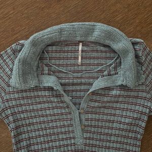 Free People Delilah Ribbed Henley w/crochet collar - icy blue/deep red